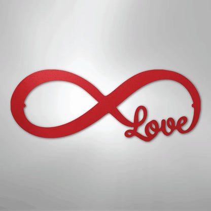 Red metal infinity symbol wall art with "Love" script integrated into the design.