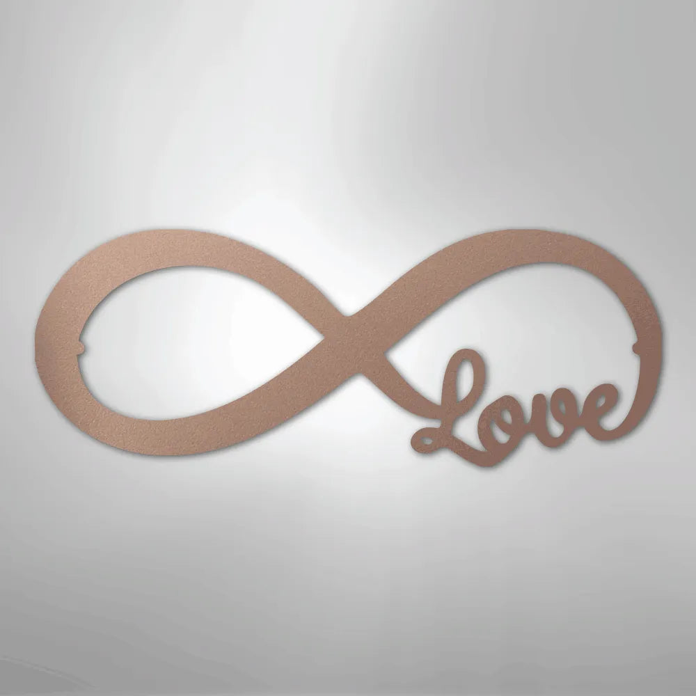 Copper metal infinity symbol wall art with "Love" script integrated on the right side.