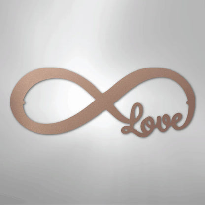 Copper metal infinity symbol wall art with "Love" script integrated on the right side.