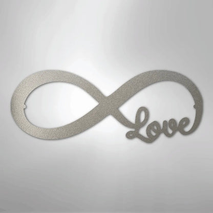 Silver Infinite Love metal wall art, featuring the word "Love" integrated into the infinity symbol.