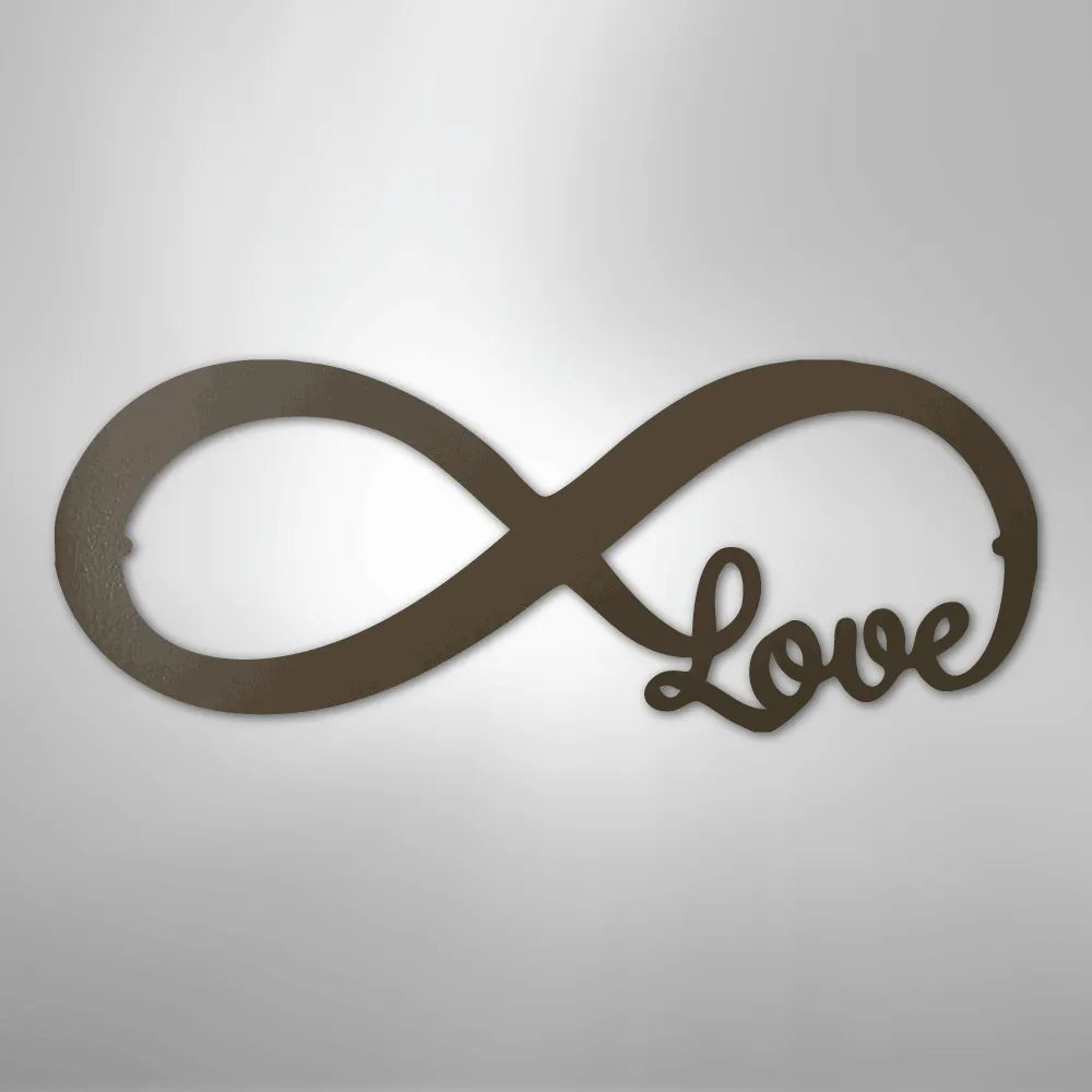 Dark brown metal wall art in an infinity symbol shape with "Love" integrated into the right side.