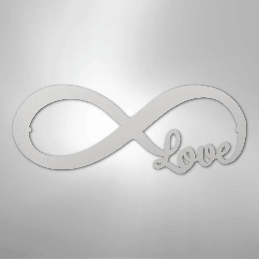 White metal infinity symbol wall art with "Love" script integrated into the design.