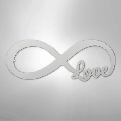 White metal infinity symbol wall art with "Love" script integrated into the design.