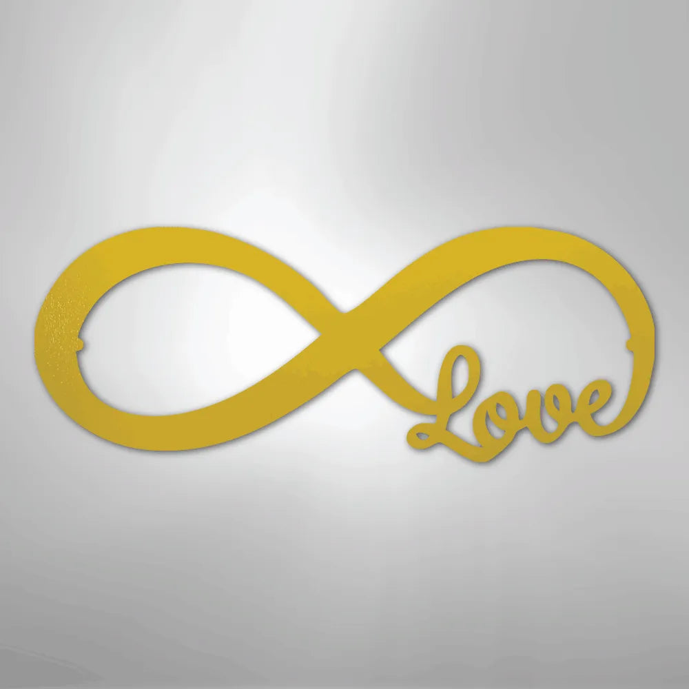 Gold metal infinity symbol wall art with "Love" script integrated into the design.