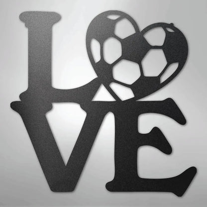 Black metal "LOVE" wall art with a soccer ball heart, perfect for indoor/outdoor decor.