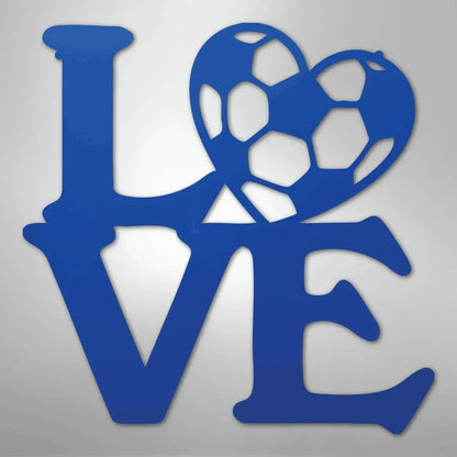 Blue metal "LOVE" wall art with a soccer ball forming the heart.