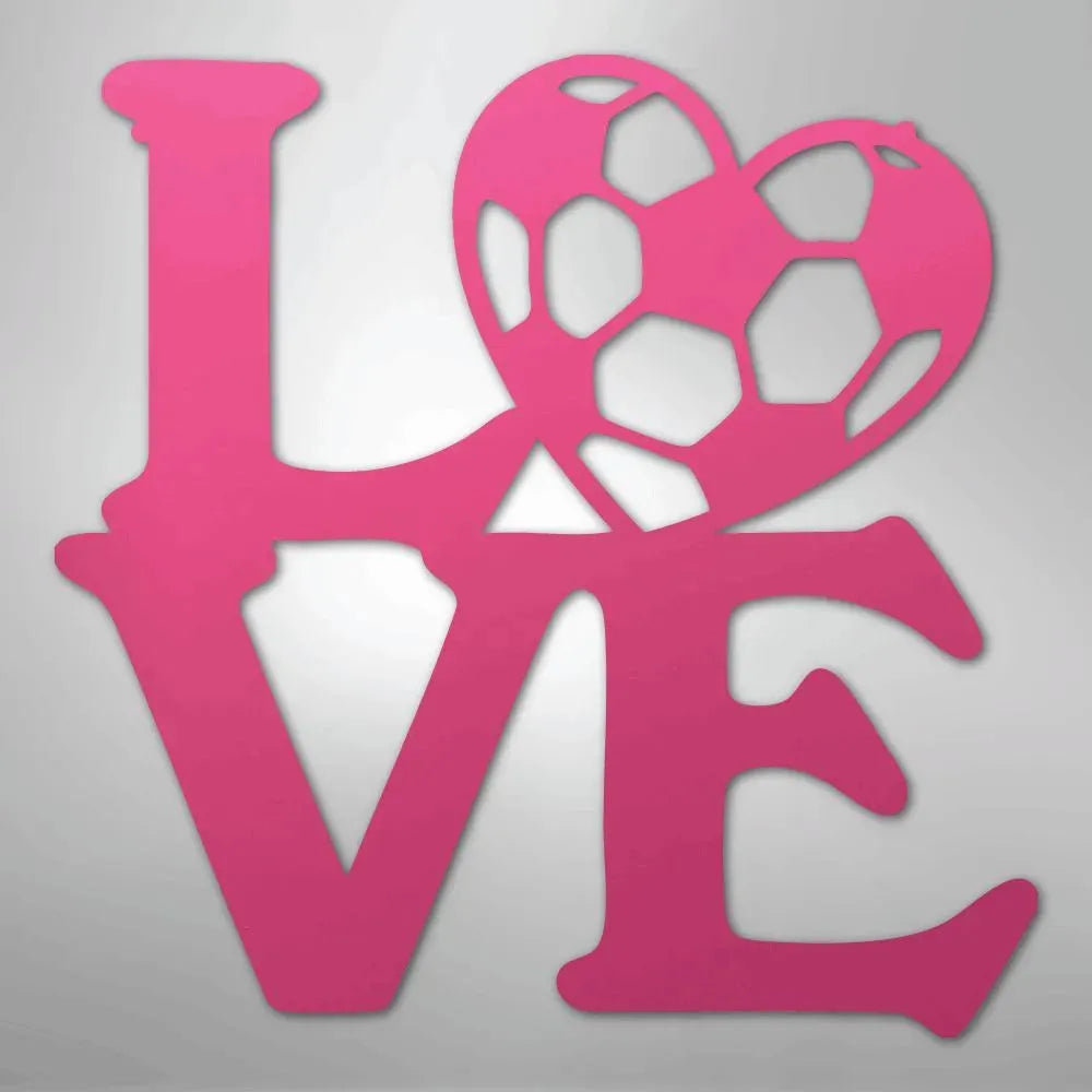 Pink metal "LOVE" wall art with a soccer ball heart.