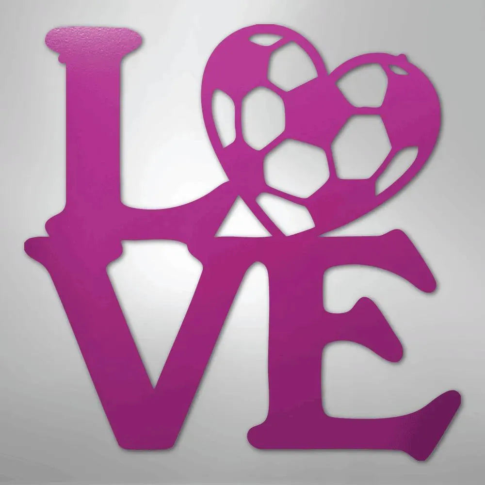 Pink metal "LOVE" wall art with a soccer ball forming the heart, ideal for indoor/outdoor decor.