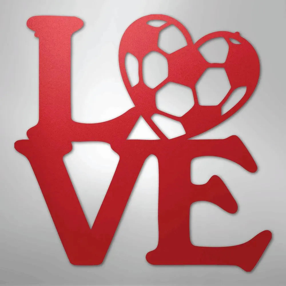 Red metal "LOVE" wall art with a soccer ball forming the "O".