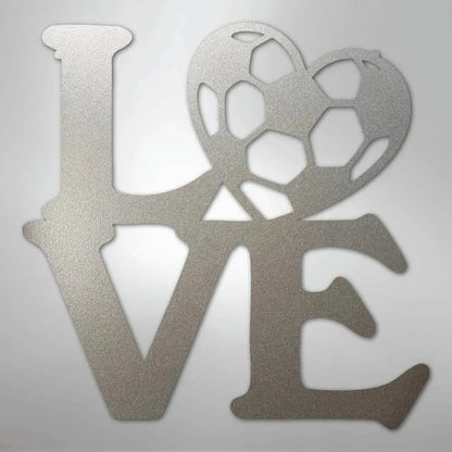 Silver metal "LOVE" wall art with a soccer ball forming the "O".