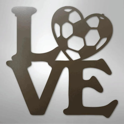 Brown metal "LOVE" wall art with a soccer ball heart.