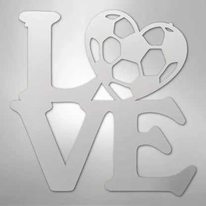 White metal "LOVE" wall art with a soccer ball heart, crafted from American steel.