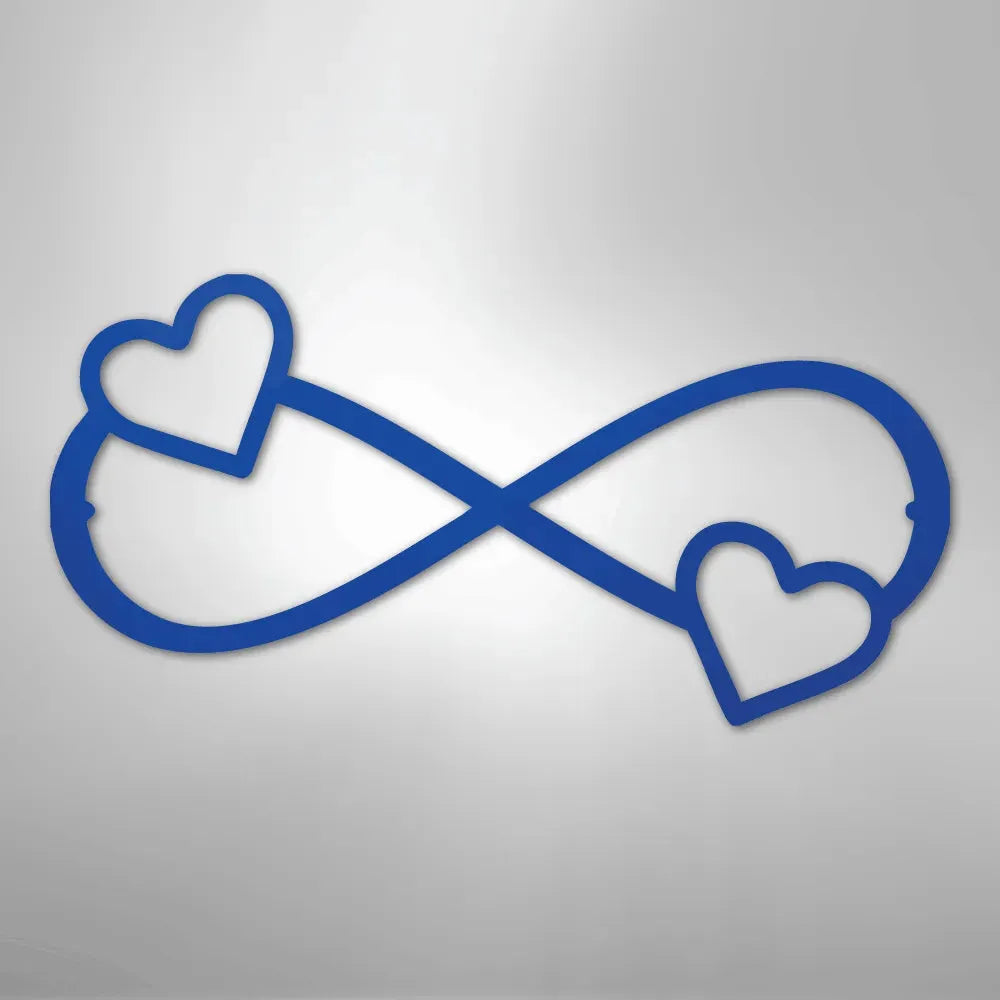 Blue metal infinity symbol with two hearts, one on each loop.