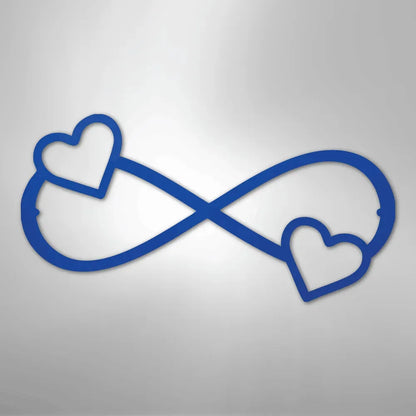 Blue metal infinity symbol with two hearts, one on each loop.