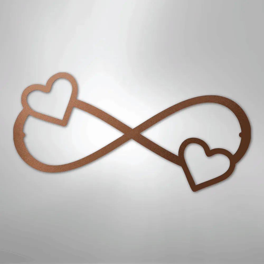 Copper Double Heart Infinity metal wall art on a light background.