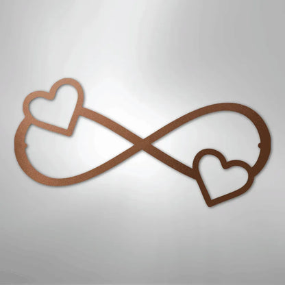 Copper Double Heart Infinity metal wall art on a light background.