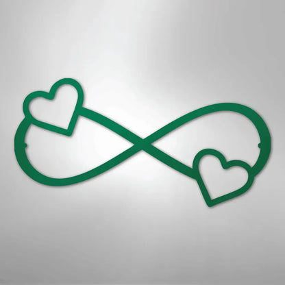 Green metal Double Heart Infinity wall art, a faith-inspired home decor piece.