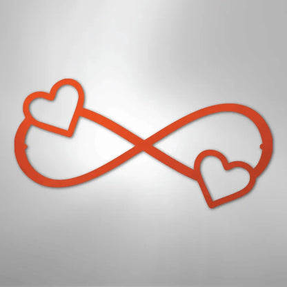 Red metal infinity symbol wall art with two hearts, one on each loop.