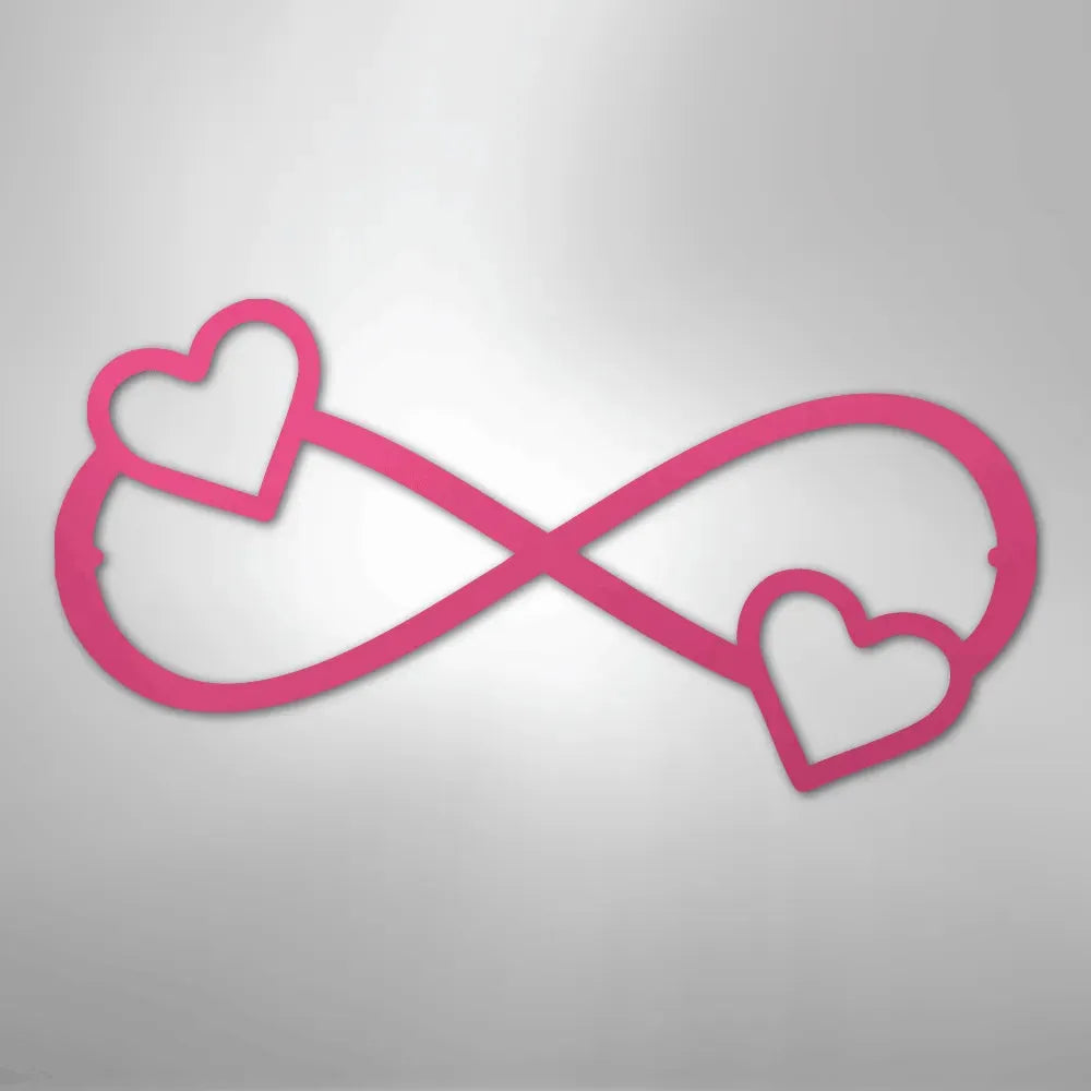 Pink metal infinity symbol with two hearts, one on each loop.
