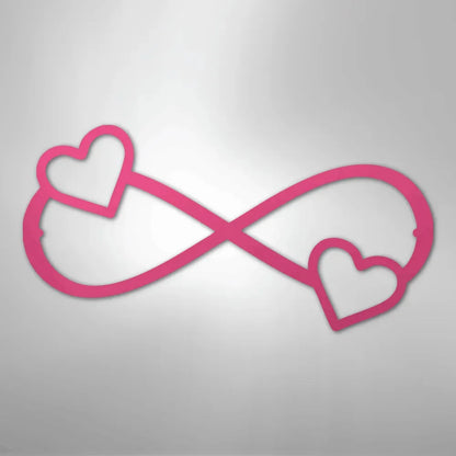 Pink metal infinity symbol with two hearts, one on each loop.