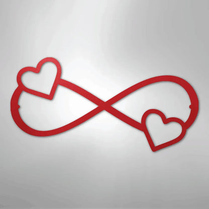 Red metal infinity symbol wall art with two hearts, one on each loop.