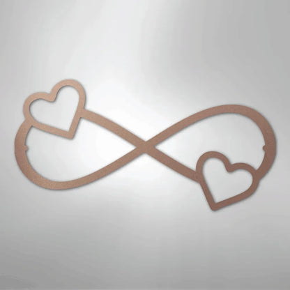 Rose gold metal infinity symbol with two hearts, one on each loop.