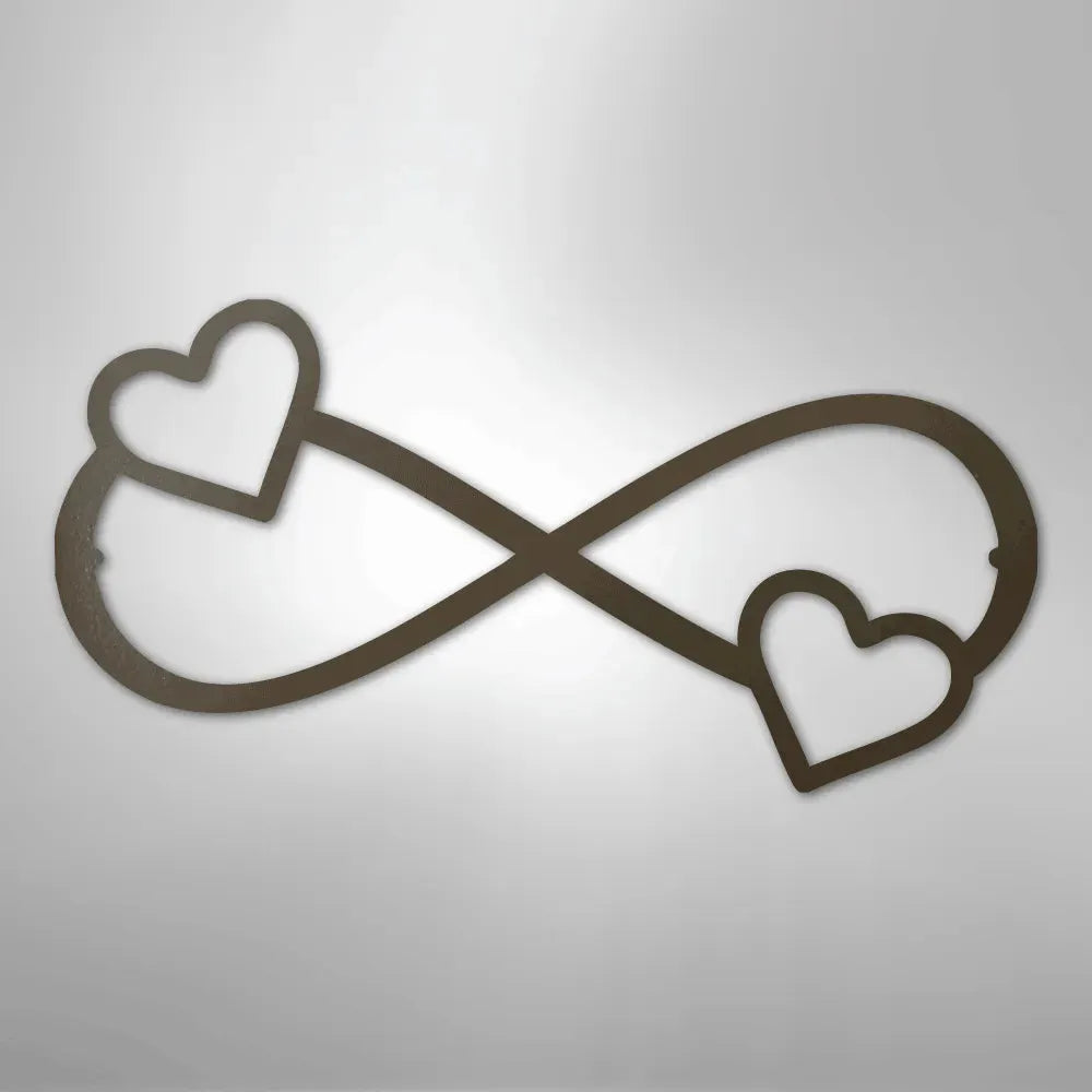 Dark brown metal infinity symbol wall art with two hearts, one on each loop.