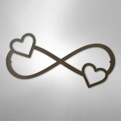 Dark brown metal infinity symbol wall art with two hearts, one on each loop.