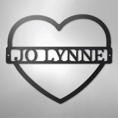Black metal heart wall art with "JOLYNNE" custom monogram.