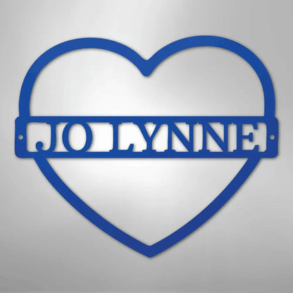 Blue heart-shaped metal wall art with "JOLYNNE" custom monogram.