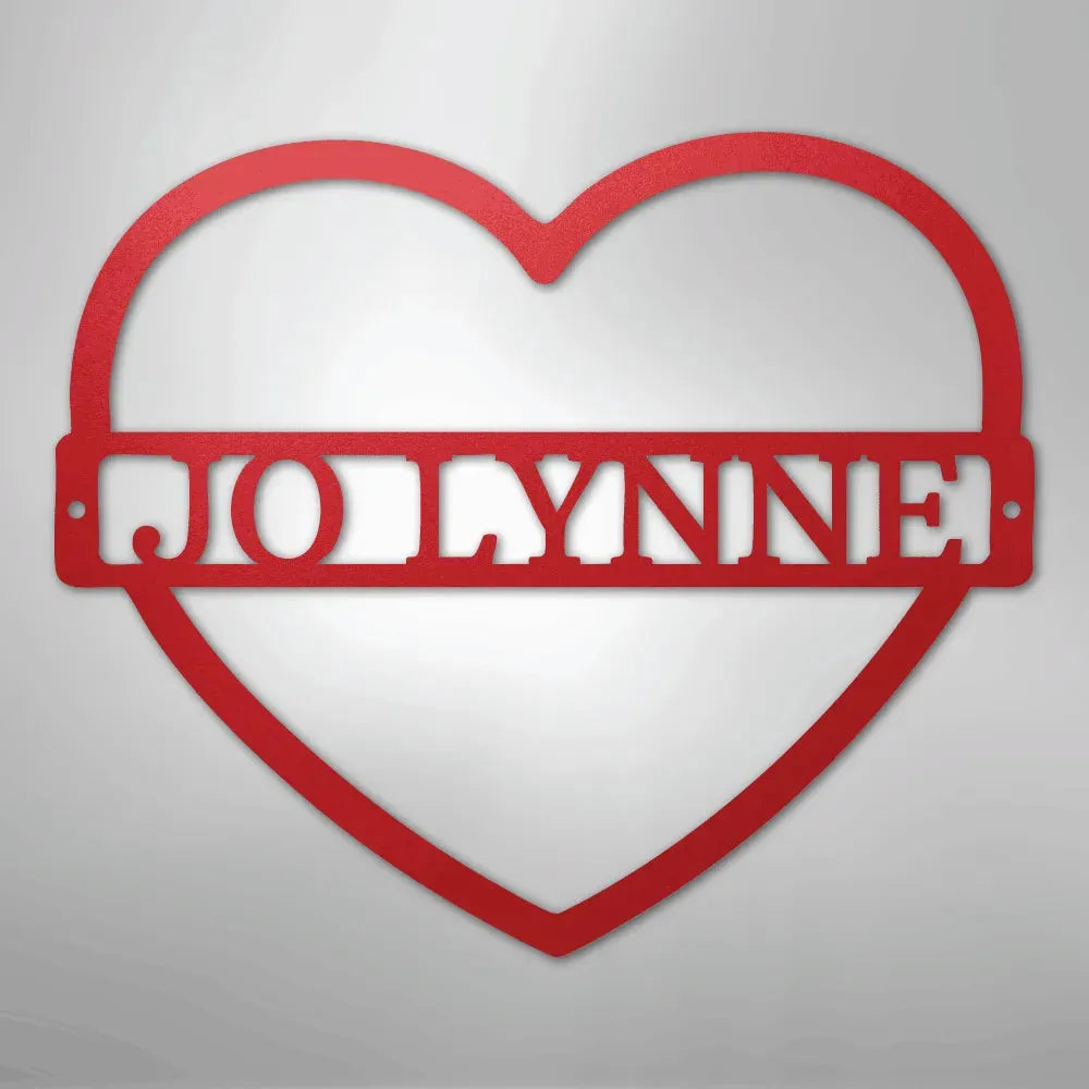 Red heart-shaped metal wall art with "JOLYNNE" custom monogram.