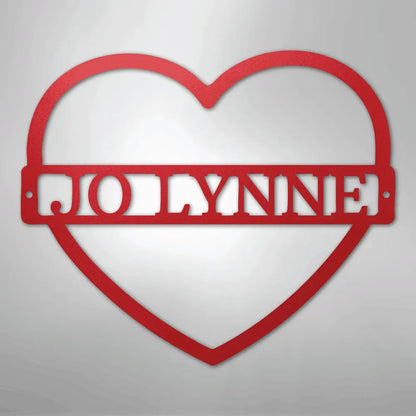 Red heart-shaped metal wall art with "JOLYNNE" custom monogram.