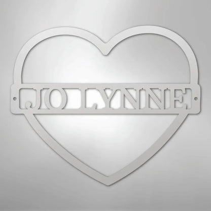 White metal heart wall art with "JOLLYNNE" custom name monogram.