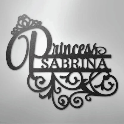Black metal wall art featuring a princess crown, "Princess Sabrina" in script, and decorative swirls.