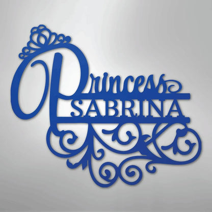 Blue metal wall art with "Princess Sabrina" in script, featuring a crown and ornate scrollwork.