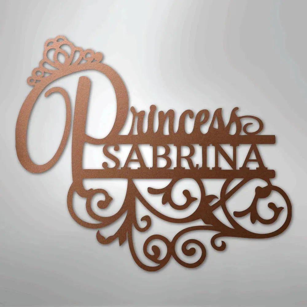 Copper metal wall art: "Princess Sabrina" with a crown, script, and decorative flourishes.