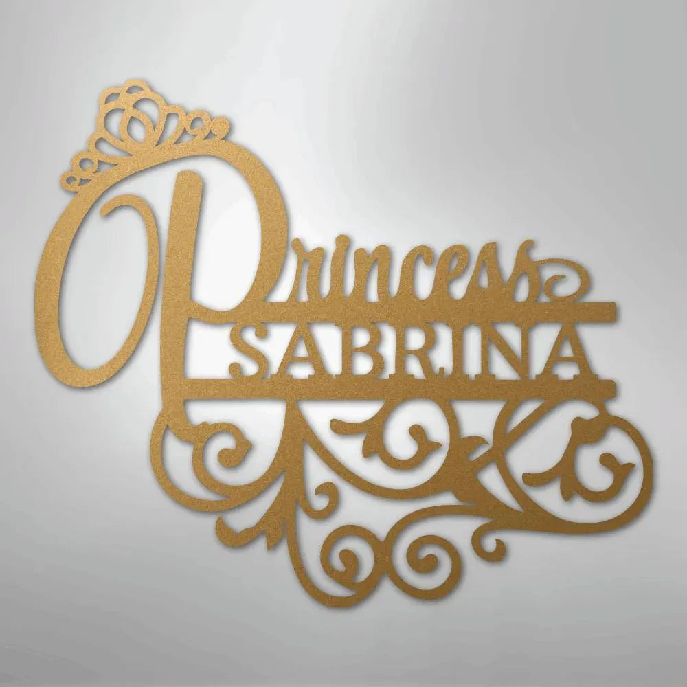 Gold Princess Monogram Metal Wall Art with crown and "Sabrina" name, custom decor.