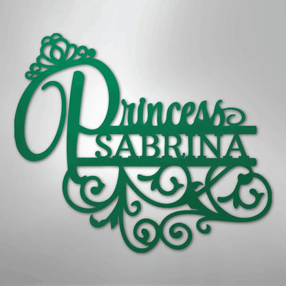 Green metal wall art with "Princess Sabrina" in script, topped with a crown and decorative swirls.