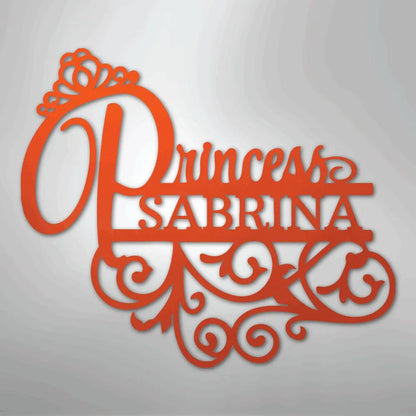 Orange metal wall art with a crown, "Princess" script, "SABRINA" in block letters, and decorative swirls.