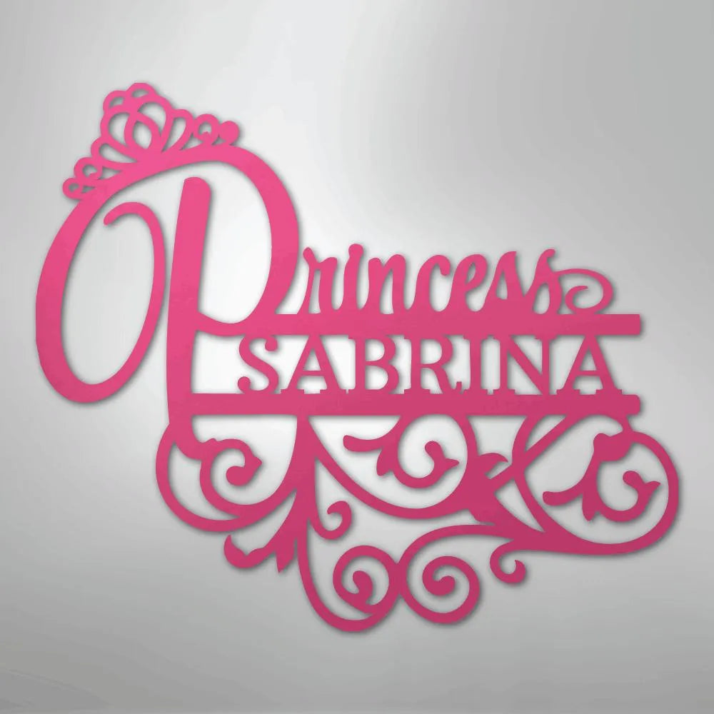 Pink metal wall art featuring "Princess Sabrina" in script with a crown and decorative flourishes.