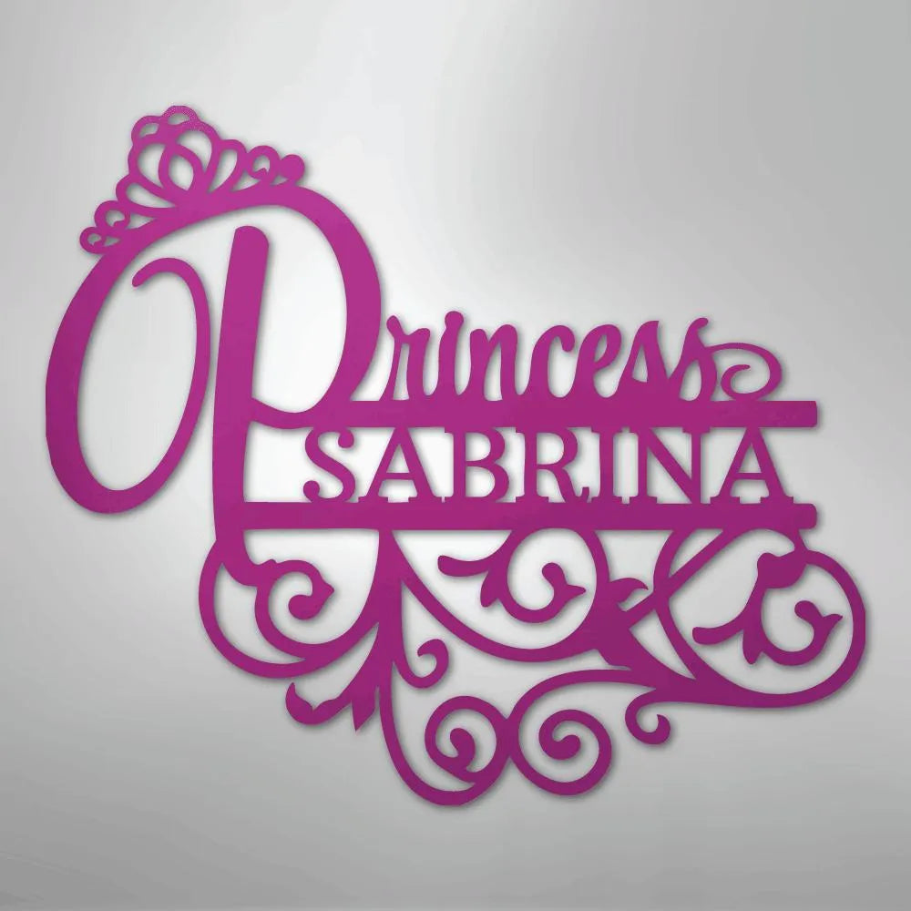 Pink metal wall art with "Princess Sabrina" in script, featuring a crown and decorative flourishes.