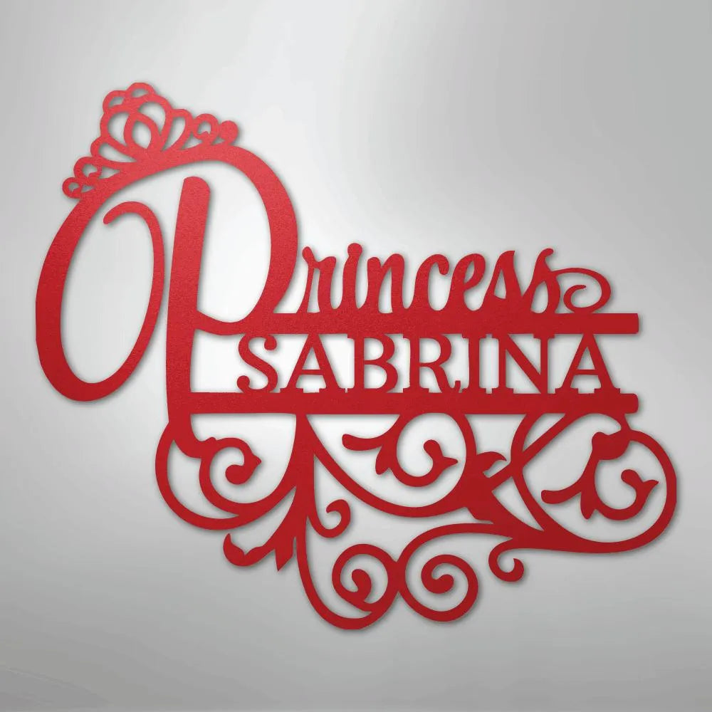 Red metal wall art with "Princess Sabrina" in script, featuring a crown and decorative flourishes.