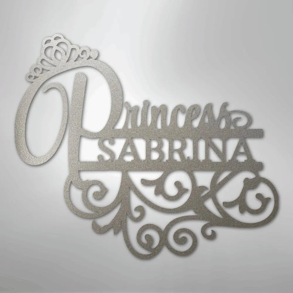 Silver metal "Princess Sabrina" wall art with a crown and decorative scrollwork.