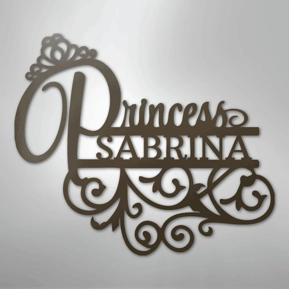 Brown metal wall art with "Princess" in script, "SABRINA" in block, a crown, and scrollwork.