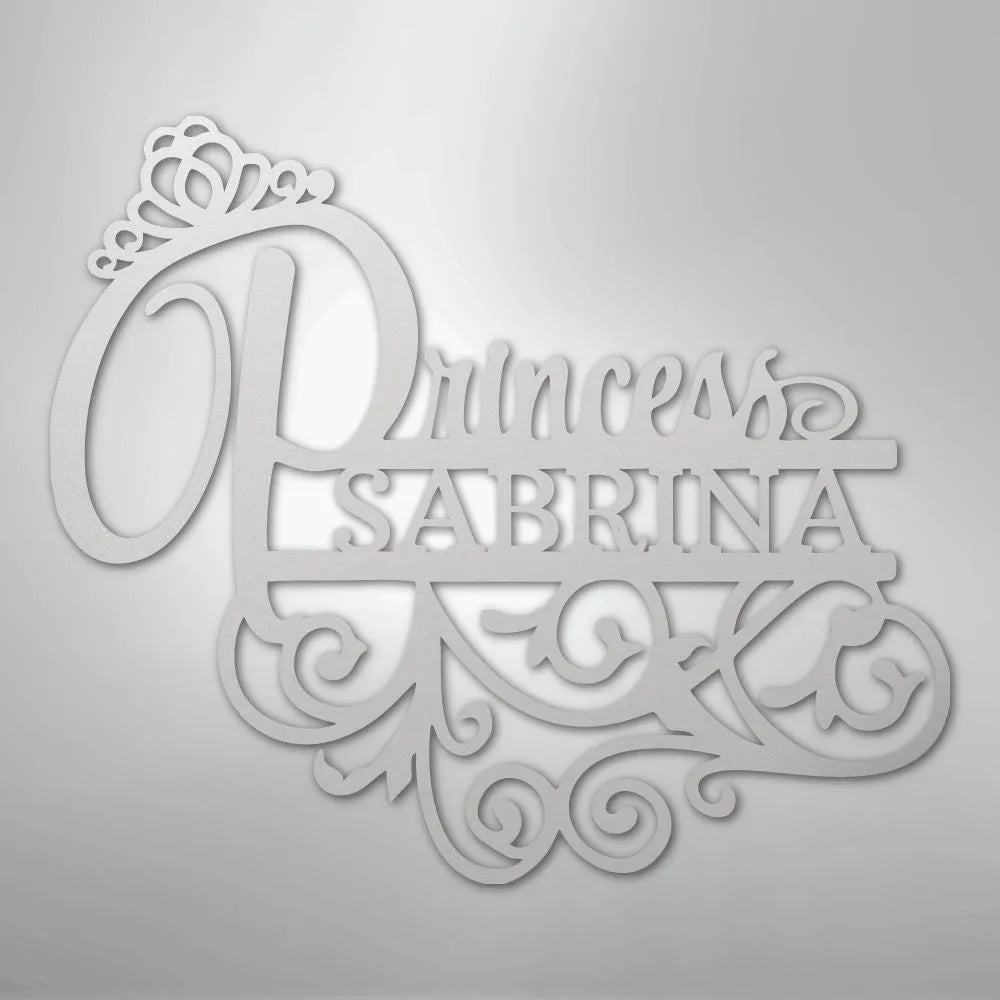 White metal wall art with "Princess Sabrina" in script and block fonts, featuring a crown and ornate scrollwork.