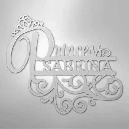 White metal wall art with "Princess Sabrina" in script and block fonts, featuring a crown and ornate scrollwork.