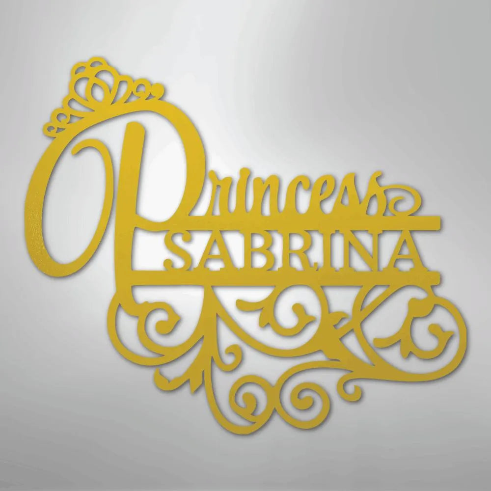 Gold metal "Princess Sabrina" wall art with a crown and ornate scrollwork.