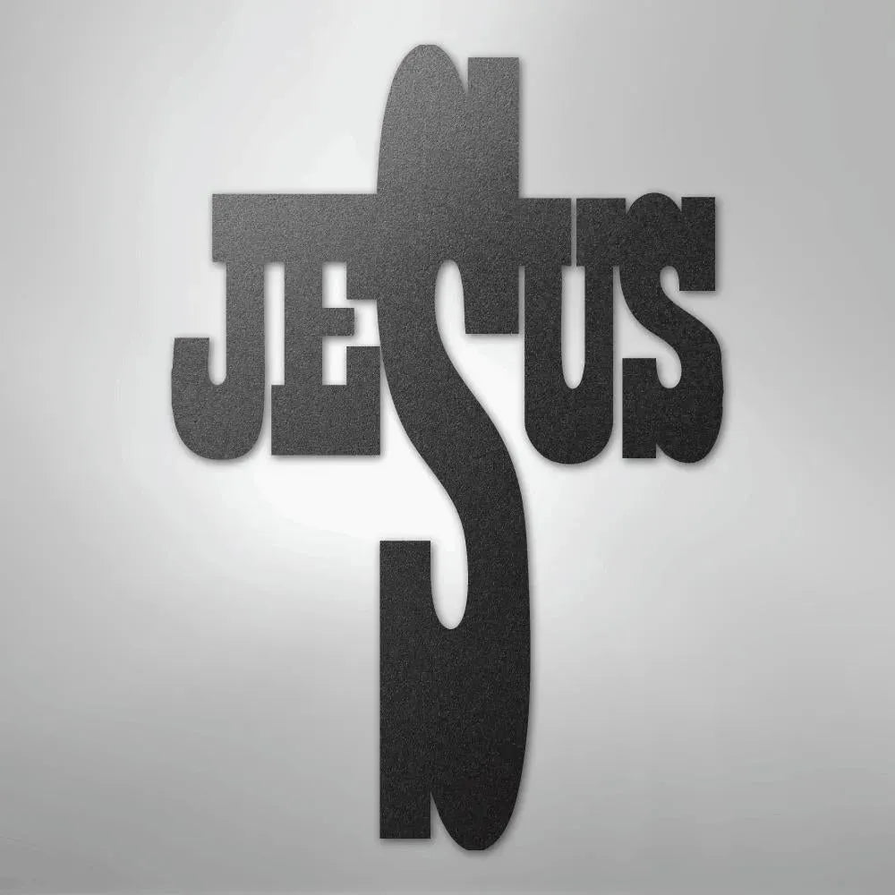 Black metal wall art forming a cross with the word "JESUS" integrated into its design.