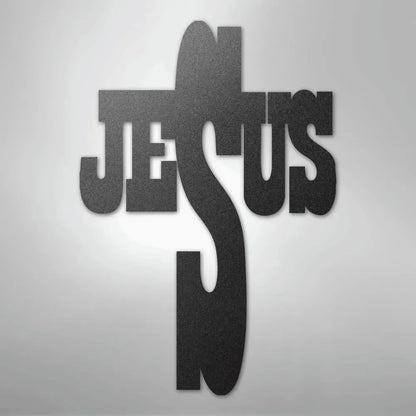 Black metal wall art forming a cross with the word "JESUS" integrated into its design.