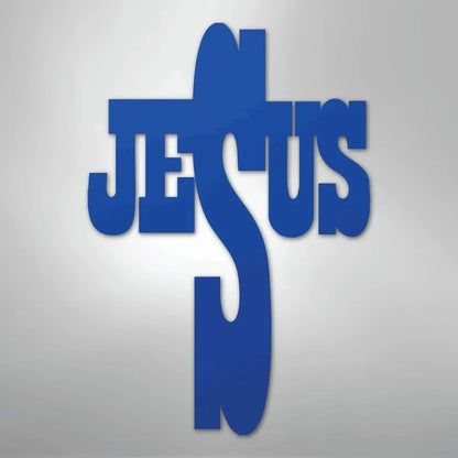 Blue metal wall art forming "JESUS" as a cross, faith-themed decor.
